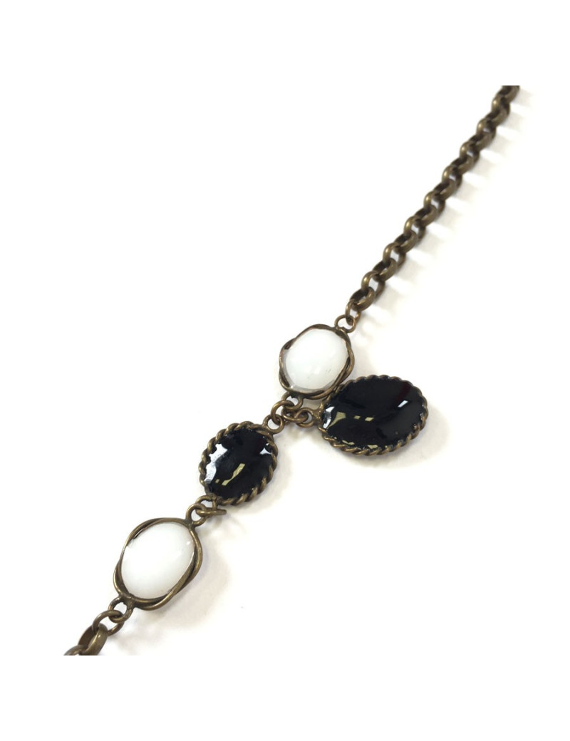 Necklace MARGUERITE of VALOIS gold chain and black and white glass paste