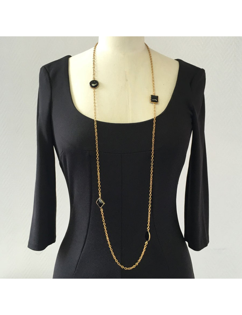 Sautoir MARGUERITE DE VALOIS chaîne dorée et pâte de verre noire