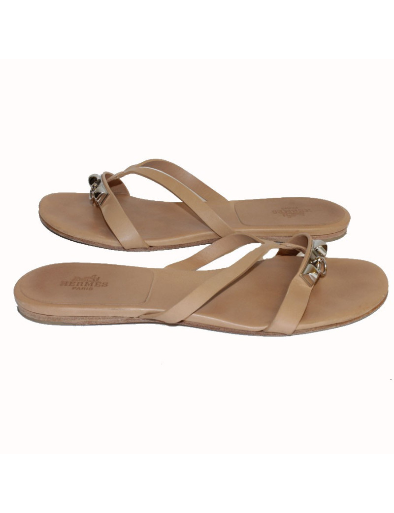 "Corfu" HERMES T 36 natural smooth leather sandals