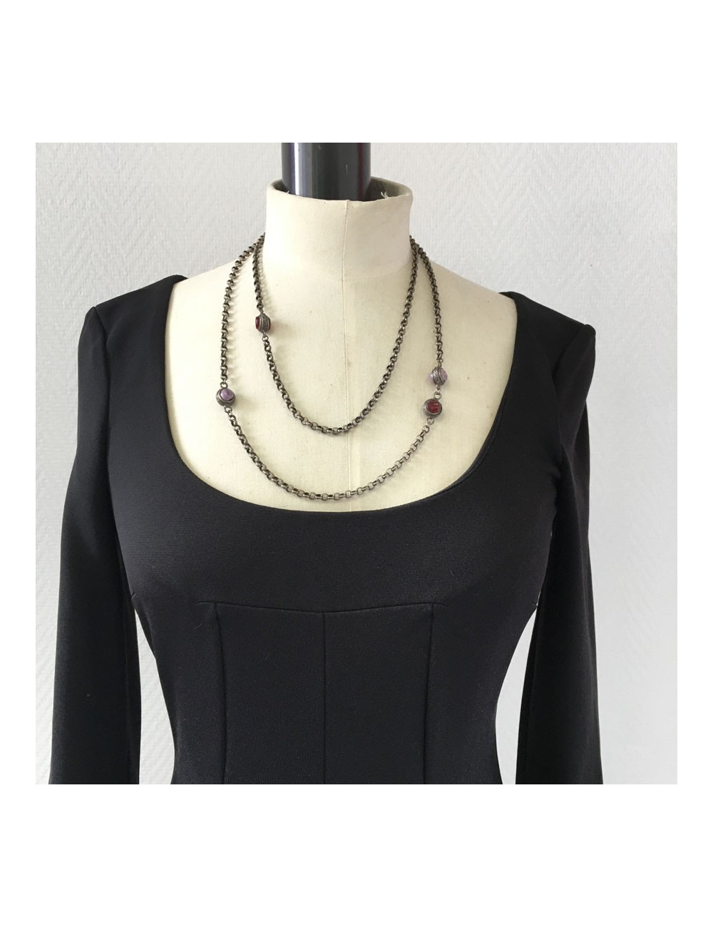 MARGUERITE de VALOIS antique silver chain necklace with burgundy and purple molten glass beads