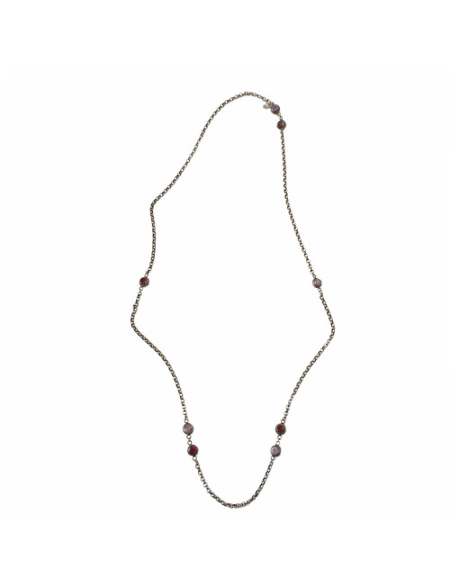 Sautoir MARGUERITE DE VALOIS chaîne argentée vieillie et pâte de verre mauve et bordeaux