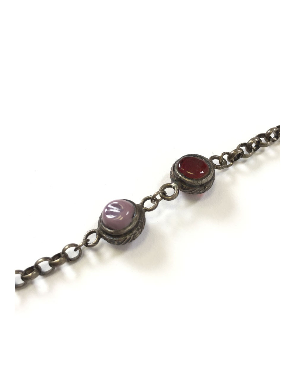MARGUERITE de VALOIS antique silver chain necklace with burgundy and purple molten glass beads