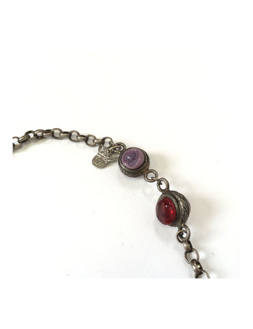 MARGUERITE de VALOIS antique silver chain necklace with burgundy and purple molten glass beads