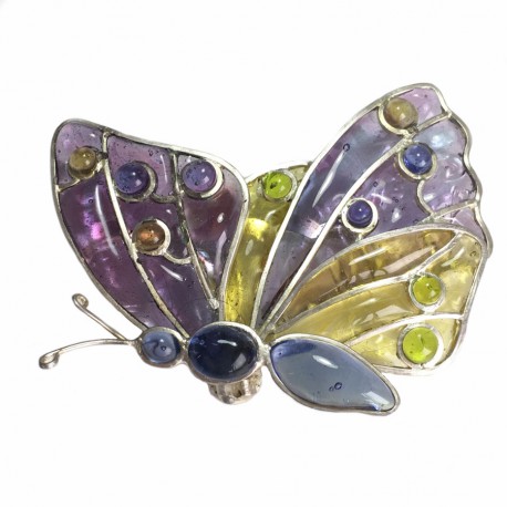 Broche LOUIS VUITTON papillon en pâte de verre multicolore et métal argenté