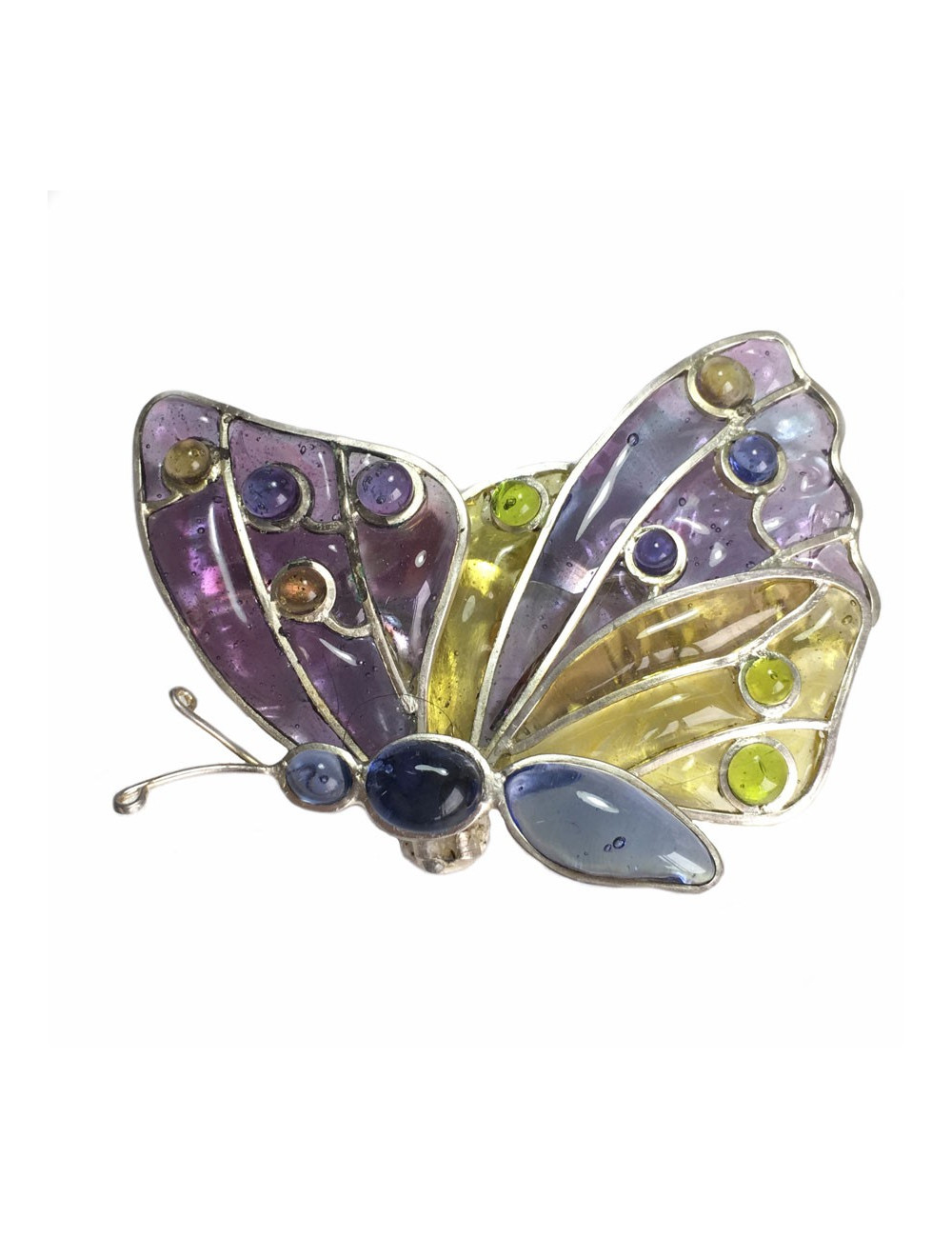 Broche LOUIS VUITTON papillon en pâte de verre multicolore et métal argenté