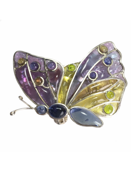Broche LOUIS VUITTON papillon en pâte de verre multicolore et métal argenté