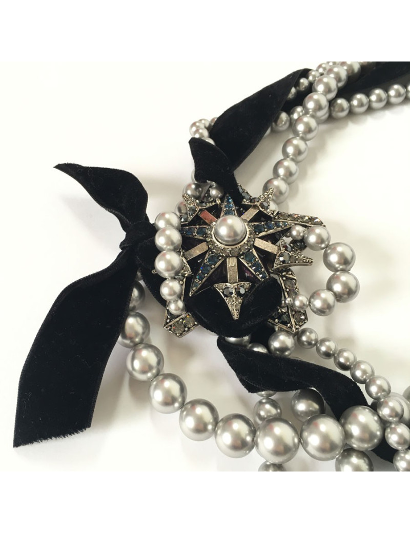 Collier LANVIN ras de cou coeur, étoile et oiseau en perle et métal