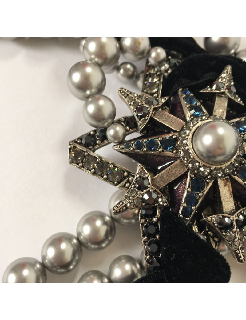 Collier LANVIN ras de cou coeur, étoile et oiseau en perle et métal