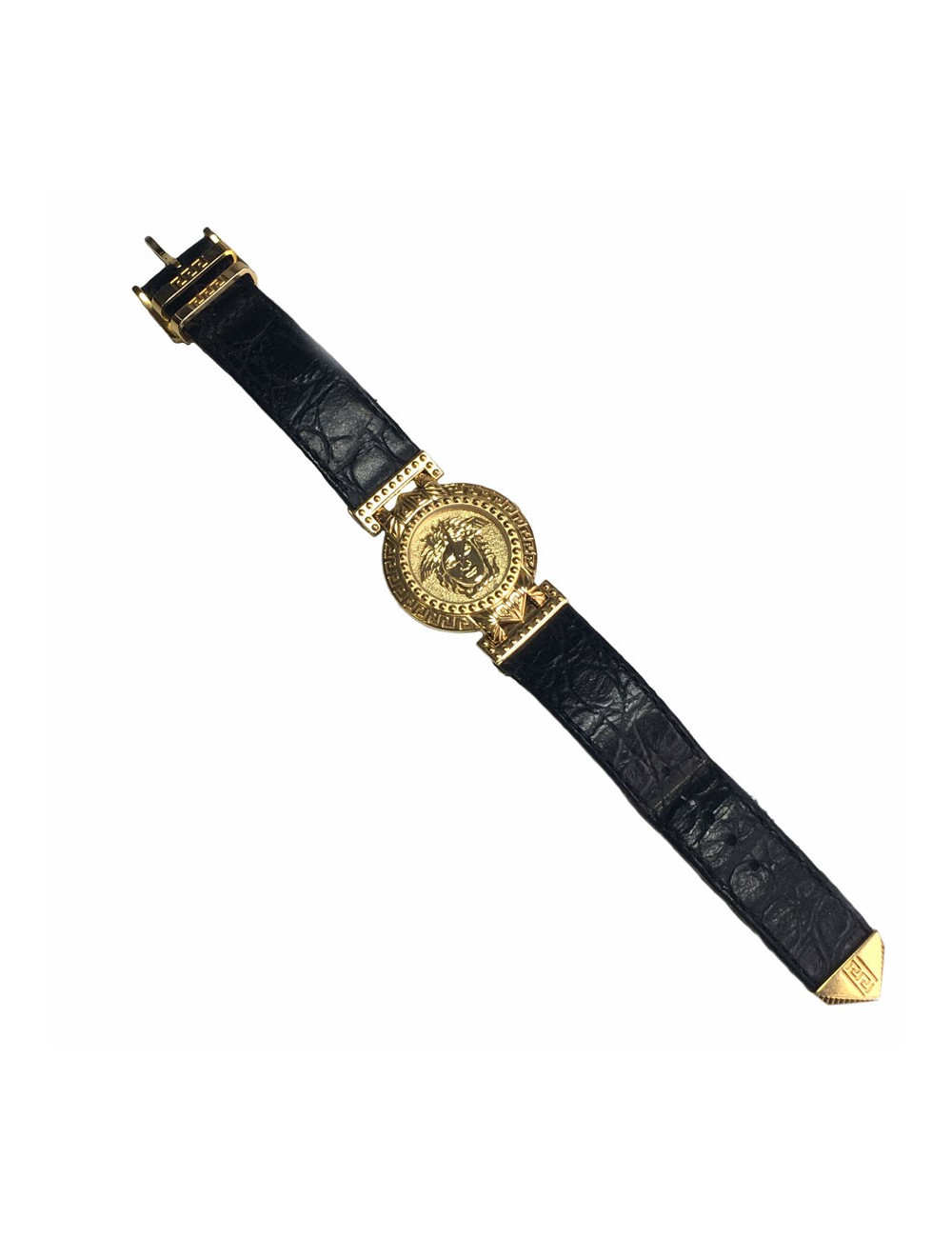 VERSACE "Signature Médusa" watch in gold plate and black leather