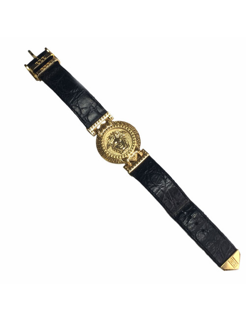 VERSACE "Signature Médusa" watch in gold plate and black leather
