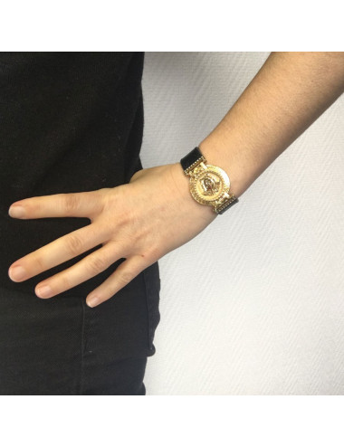 Montre VERSACE "Signature Médusa" plaqué or et cuir noir 2
