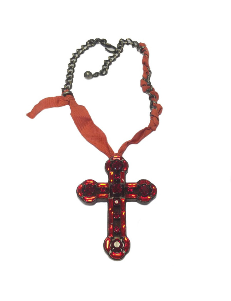 collier LANVIN croix en verre et cristaux Swarovski rouge