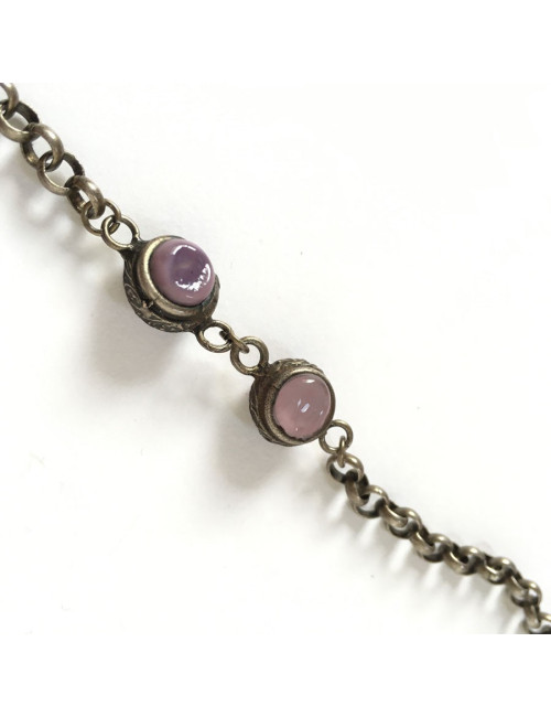 Sautoir MARGUERITE DE VALOIS chaîne argentée vieillie et pâte de verre mauve et bordeaux