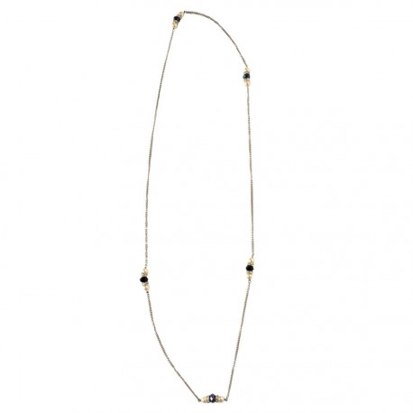 Sautoir MARGUERITE DE VALOIS chaîne argentée, strass, pierres noires et perles nacrées