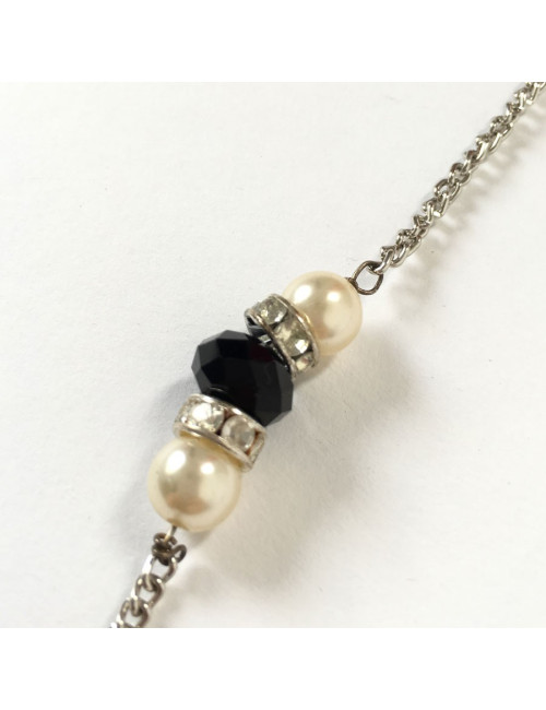Sautoir MARGUERITE DE VALOIS chaîne argentée, strass, pierres noires  et perles nacrées