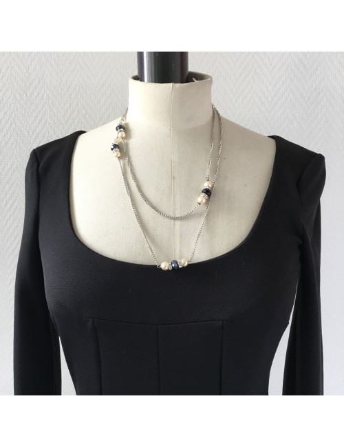 MARGUERITE de VALOIS silver chain, pearly beads, rhinestones and black stones long necklace