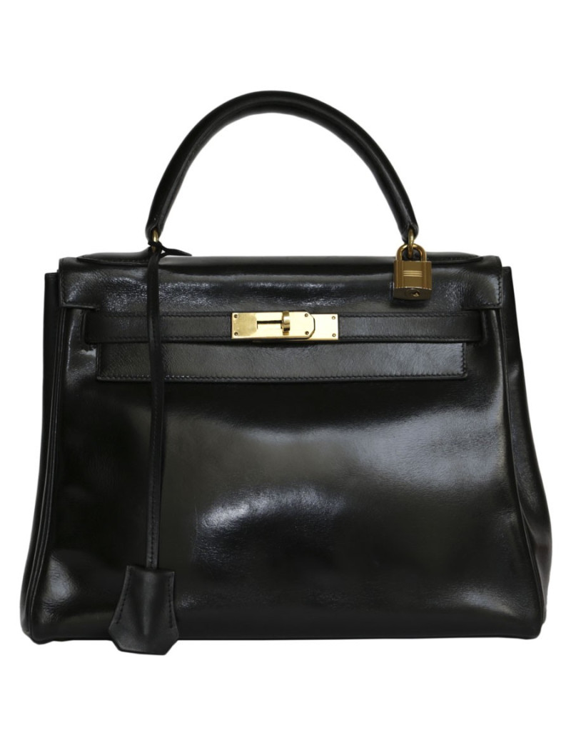 Sac kelly 28 HERMES cuir box noir Vintage