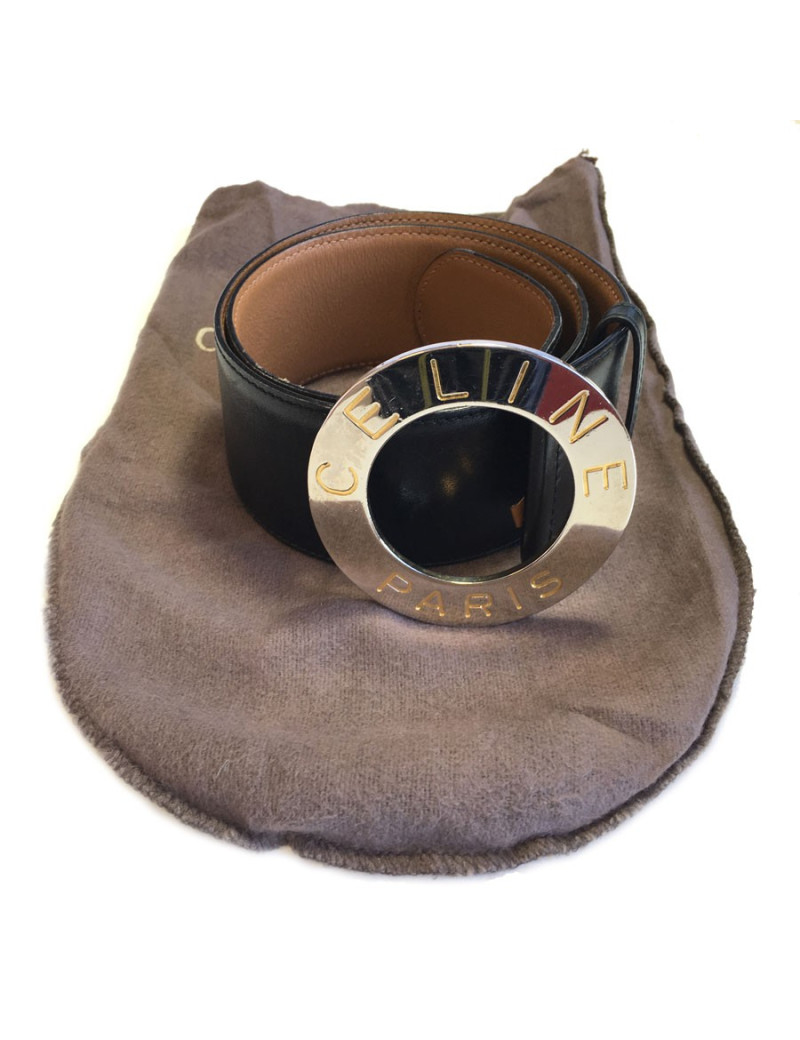 Ceinture CELINE en cuir noir et boucle argentée