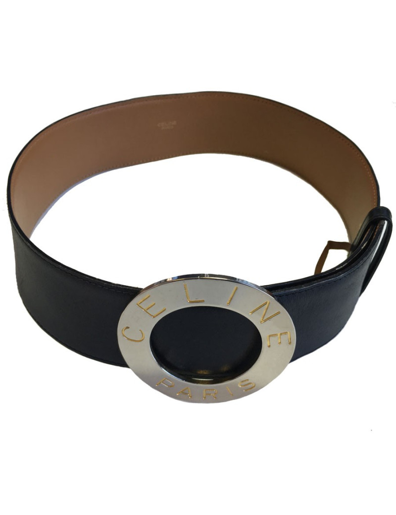 Ceinture CELINE en cuir noir et boucle argentée