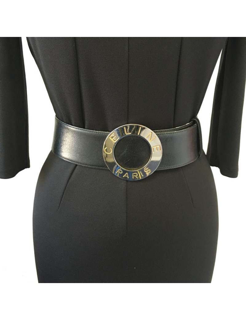 Ceinture CELINE en cuir noir et boucle argentée