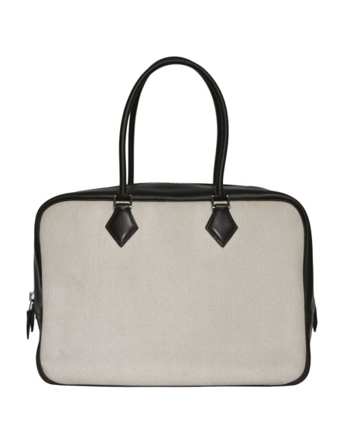 Sac plume HERMES toile H et cuir barénia marron