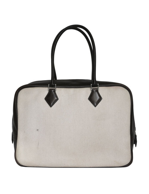 Sac plume HERMES toile H et cuir barénia marron