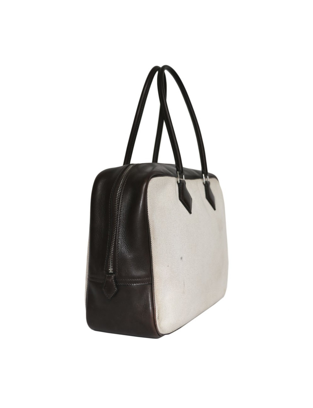 Sac plume HERMES toile H et cuir barénia marron