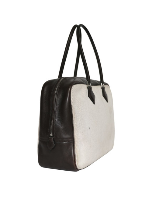 Sac plume HERMES toile H et cuir barénia marron
