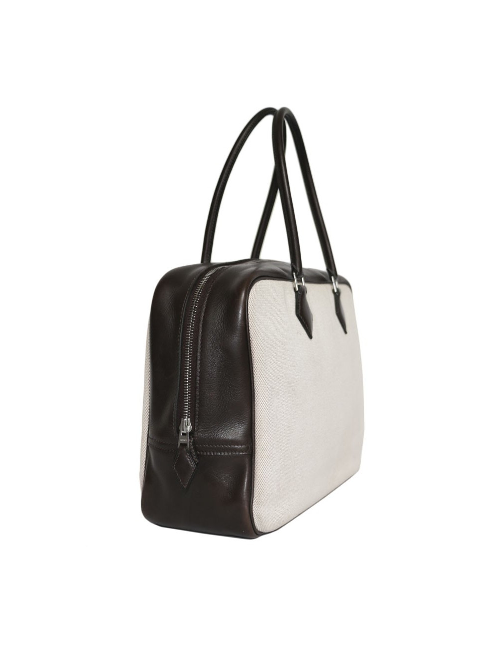 Sac plume HERMES toile H et cuir barénia marron