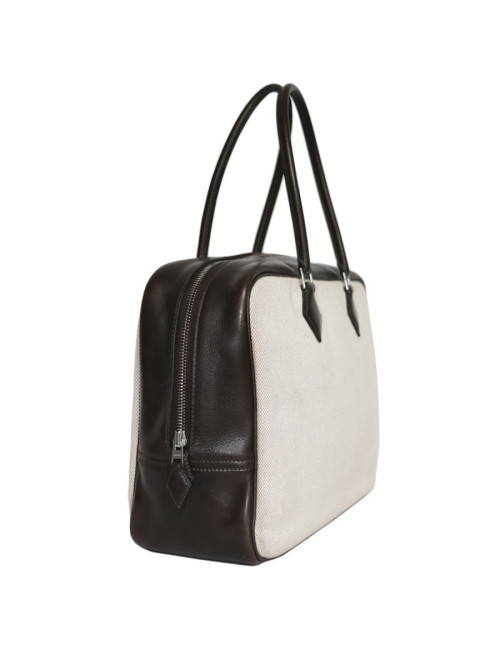 Sac plume HERMES toile H et cuir barénia marron