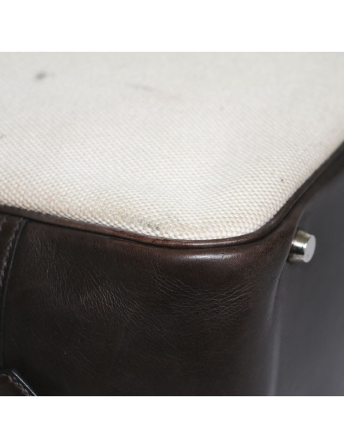 Sac plume HERMES toile H et cuir barénia marron