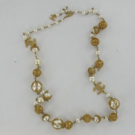 CHANEL Pearly beads necklace & metal Golden end