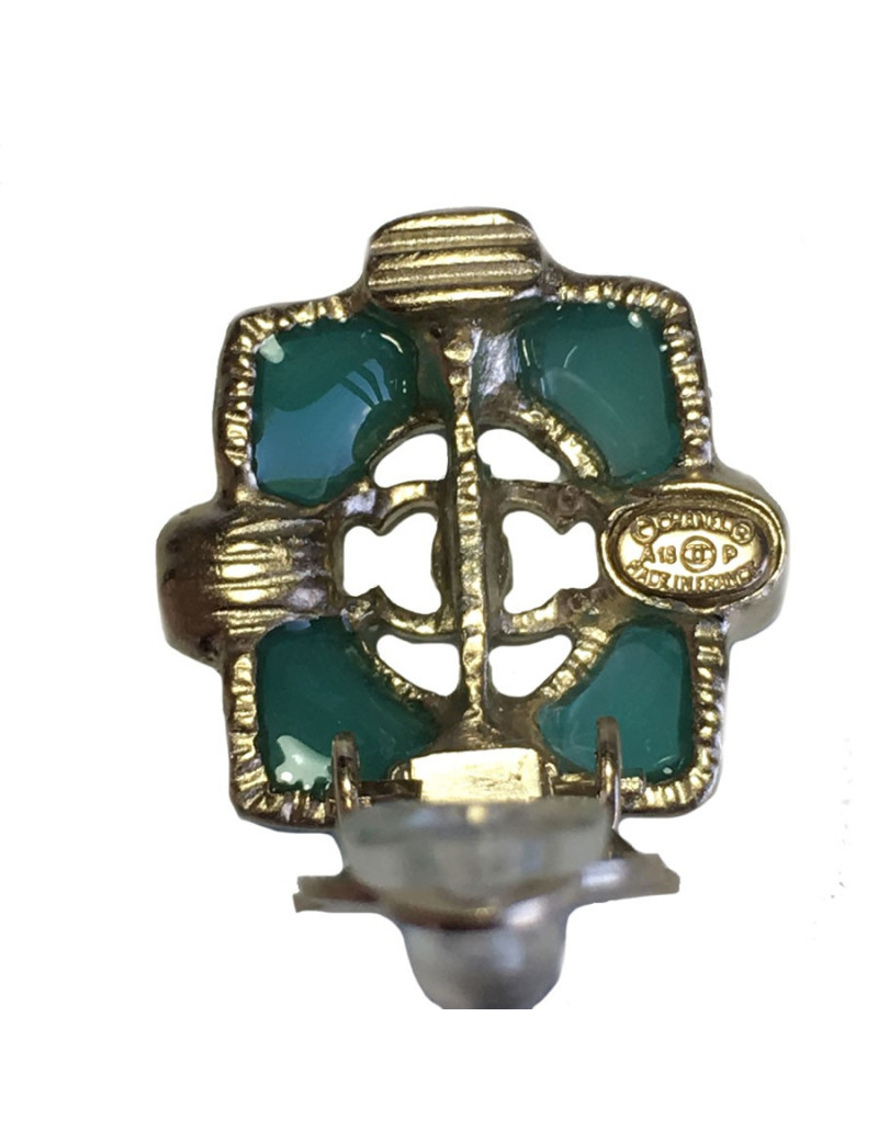 CHANEL Clip-on Earrings in Gilded Metal, Green Resin and Pearls