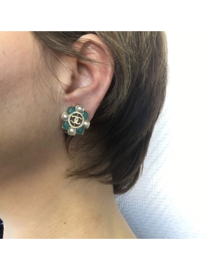 CHANEL Clip-on Earrings in Gilded Metal, Green Resin and Pearls