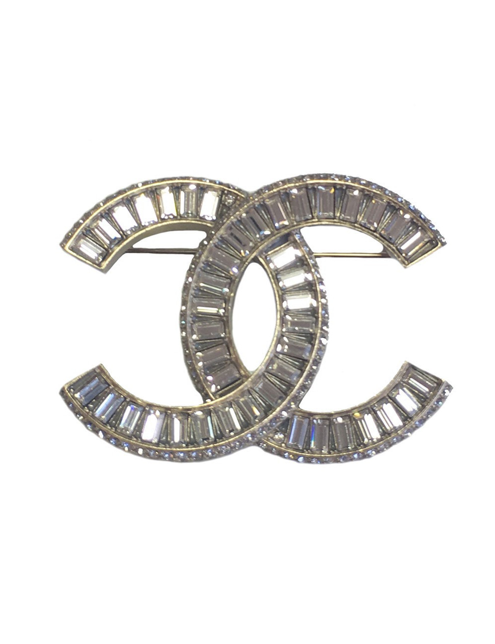 Broche CHANEL CC en cristal taille émeraude et métal doré