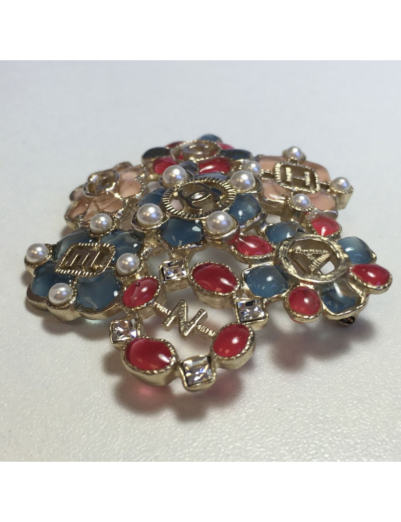 CHANEL brooch in multicolored resin, rhinestones and pearls
