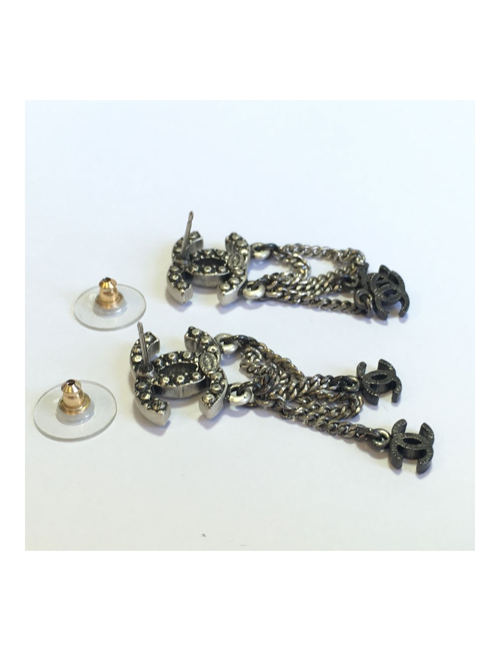 Dangling silver metal nails CHANEL CC earrings