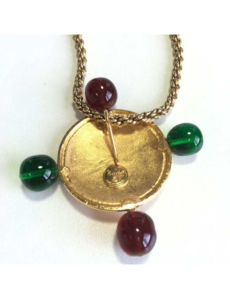 Necklace CHANEL Vintage 80 ' in gold metal and green and Burgundy resin