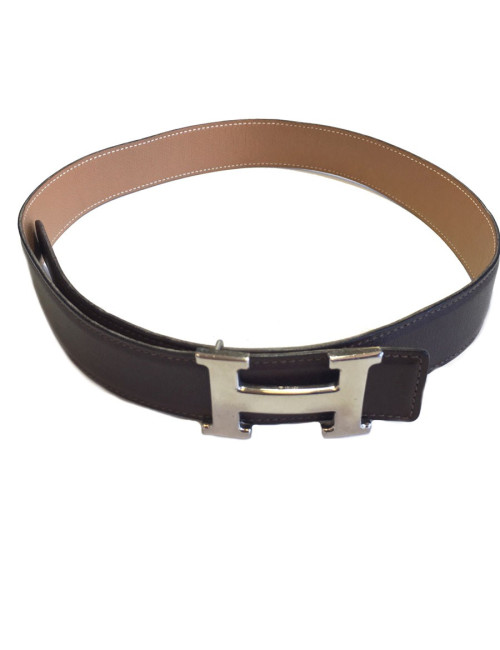 Ceinture H HERMES en cuir swift marron T 76 réversible