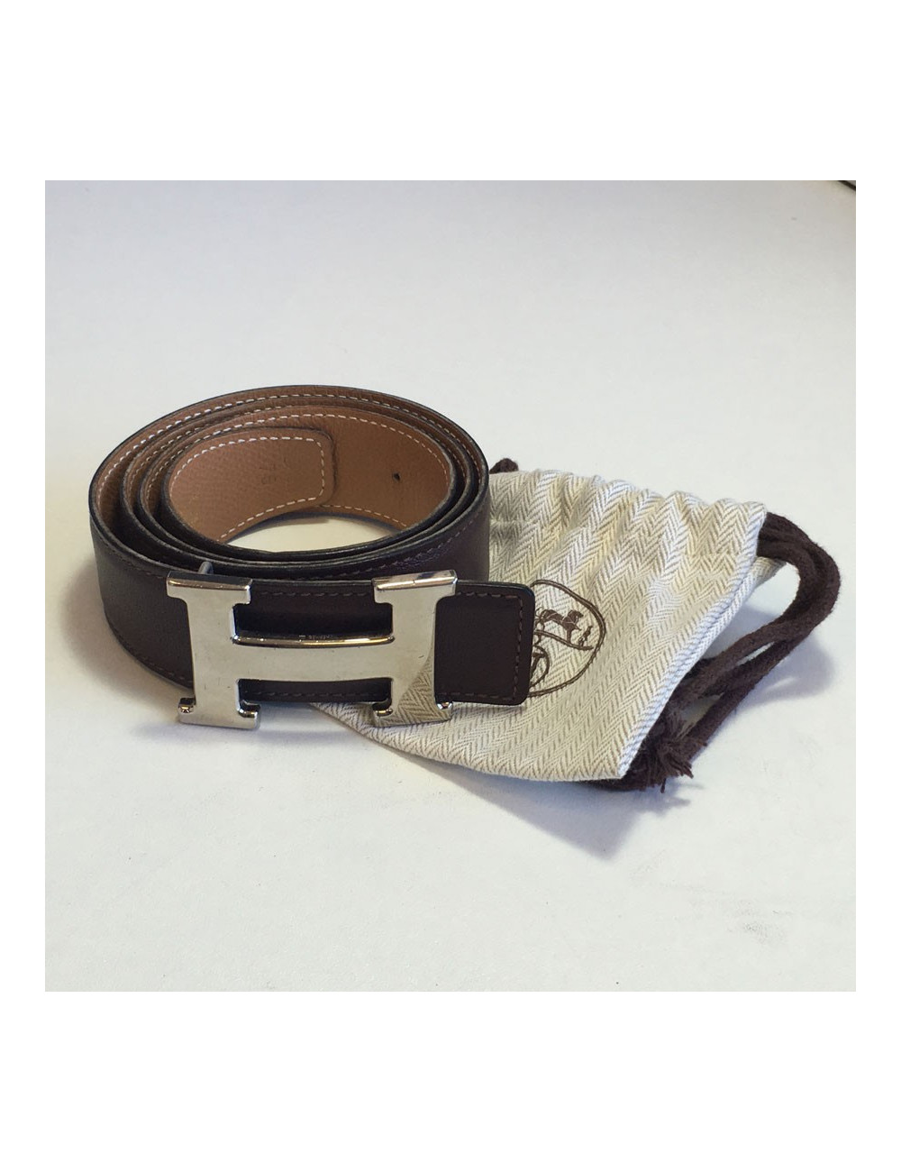 Ceinture H HERMES en cuir swift marron T 76 réversible