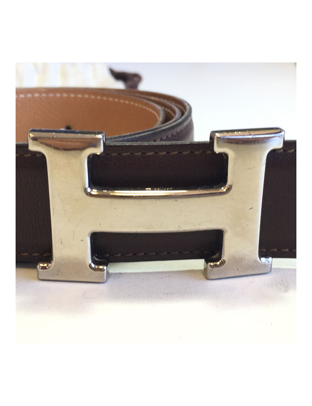 Ceinture H HERMES en cuir swift marron T 76 réversible