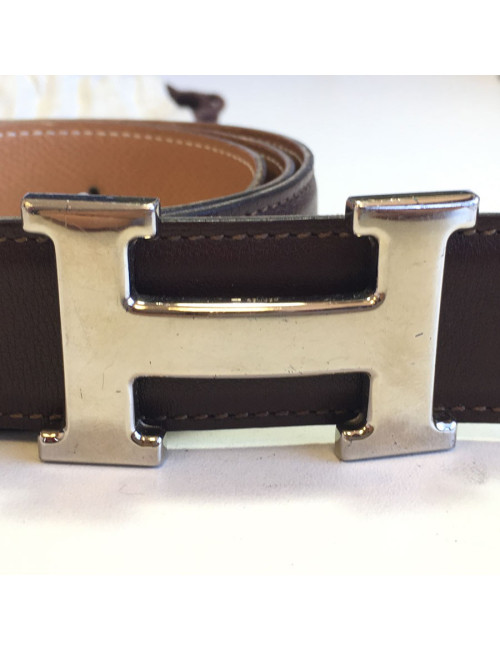 Ceinture H HERMES en cuir swift marron T 76 réversible