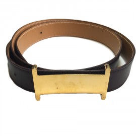 Belt HERMES T 90 reversible leather gold box and Brown