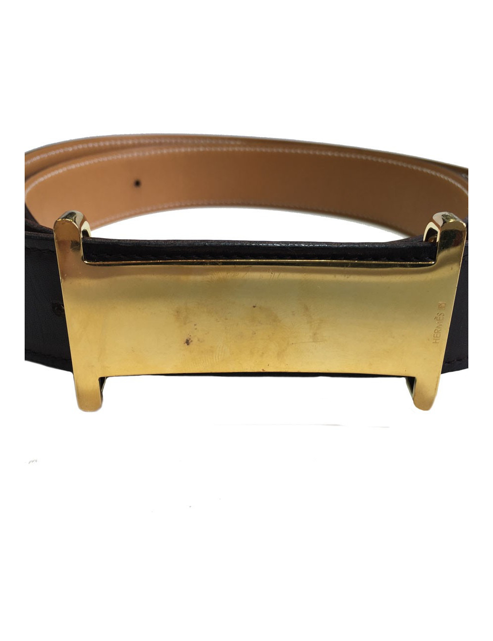 Belt HERMES T 90 reversible leather gold box and Brown