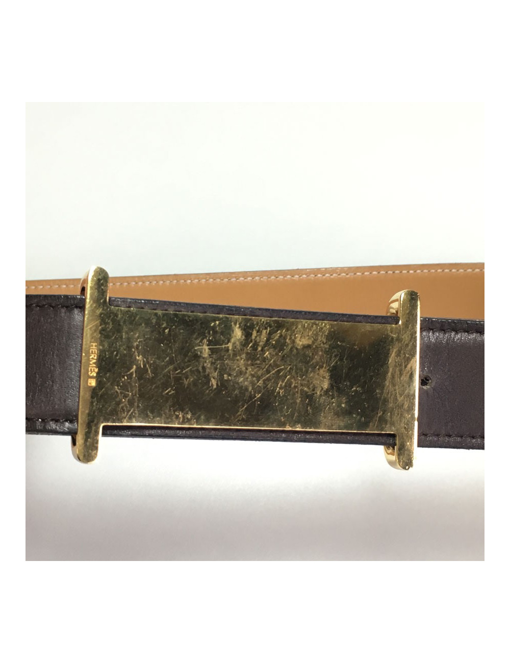 Belt HERMES T 90 reversible leather gold box and Brown