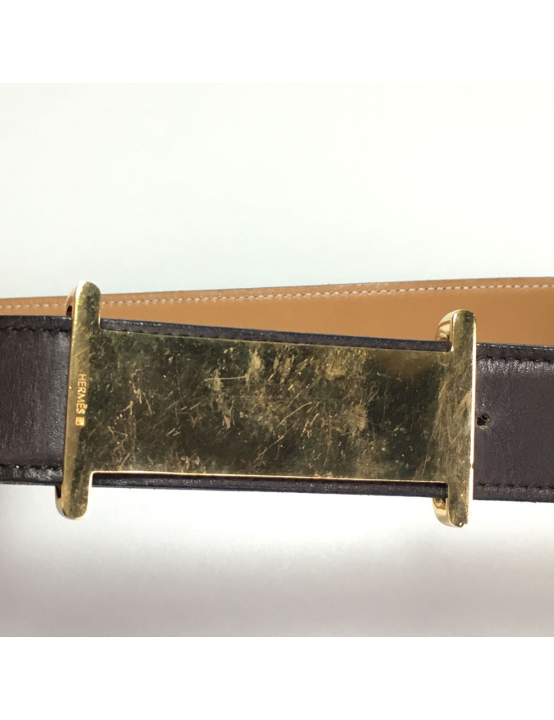 Ceinture HERMES T 90 réversible en cuir box gold et marron