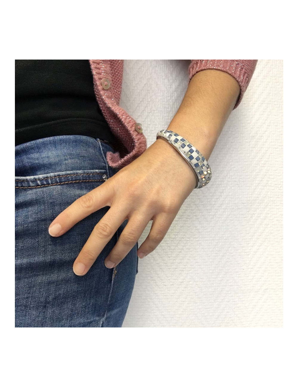 Ring ceramic and blue and white swarovski crystals bracelet