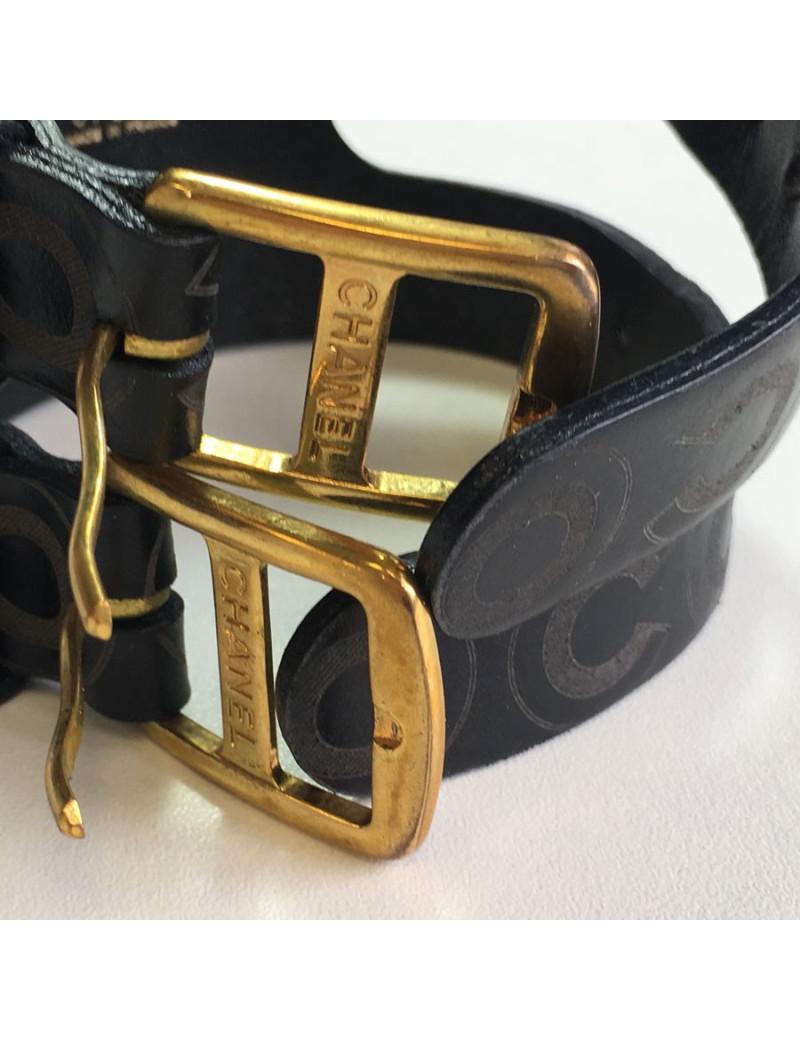 CHANEL "Coco" cuff bracelet in black leather