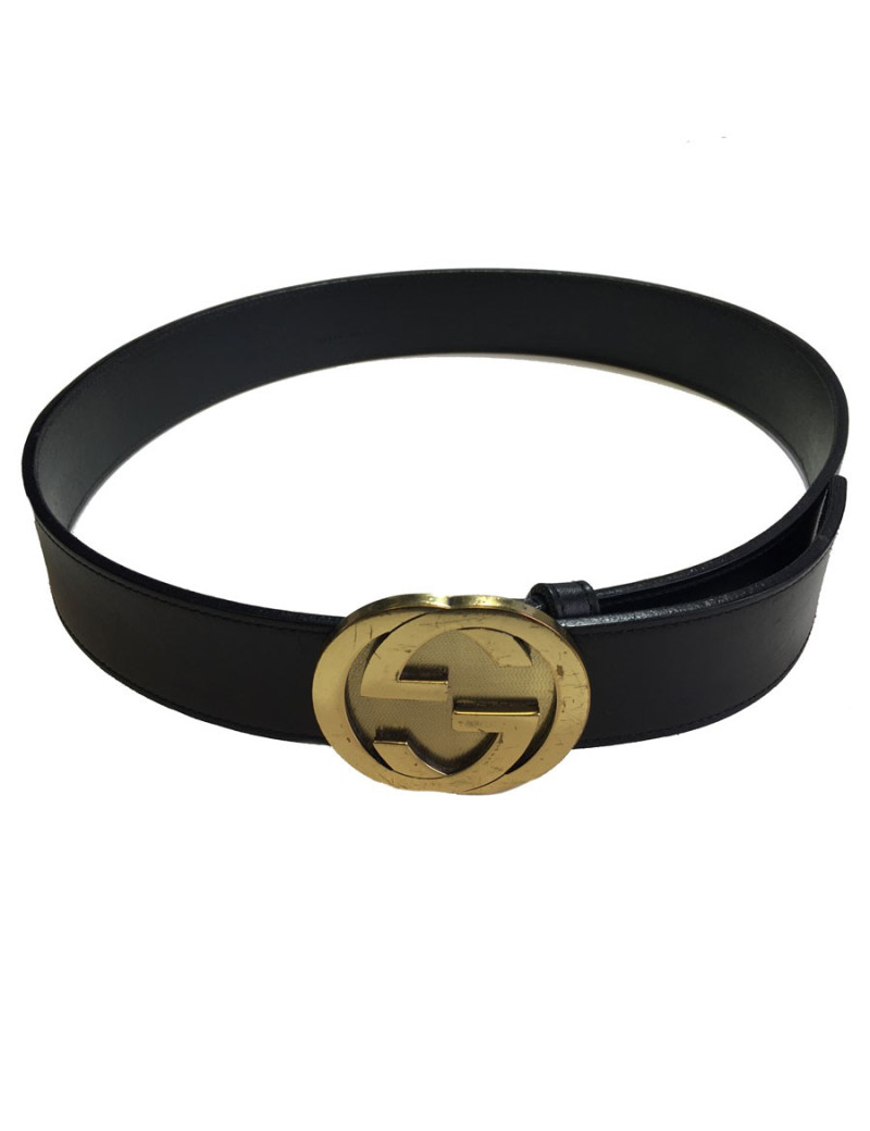 GUCCI black leather belt and gold buckle size 85