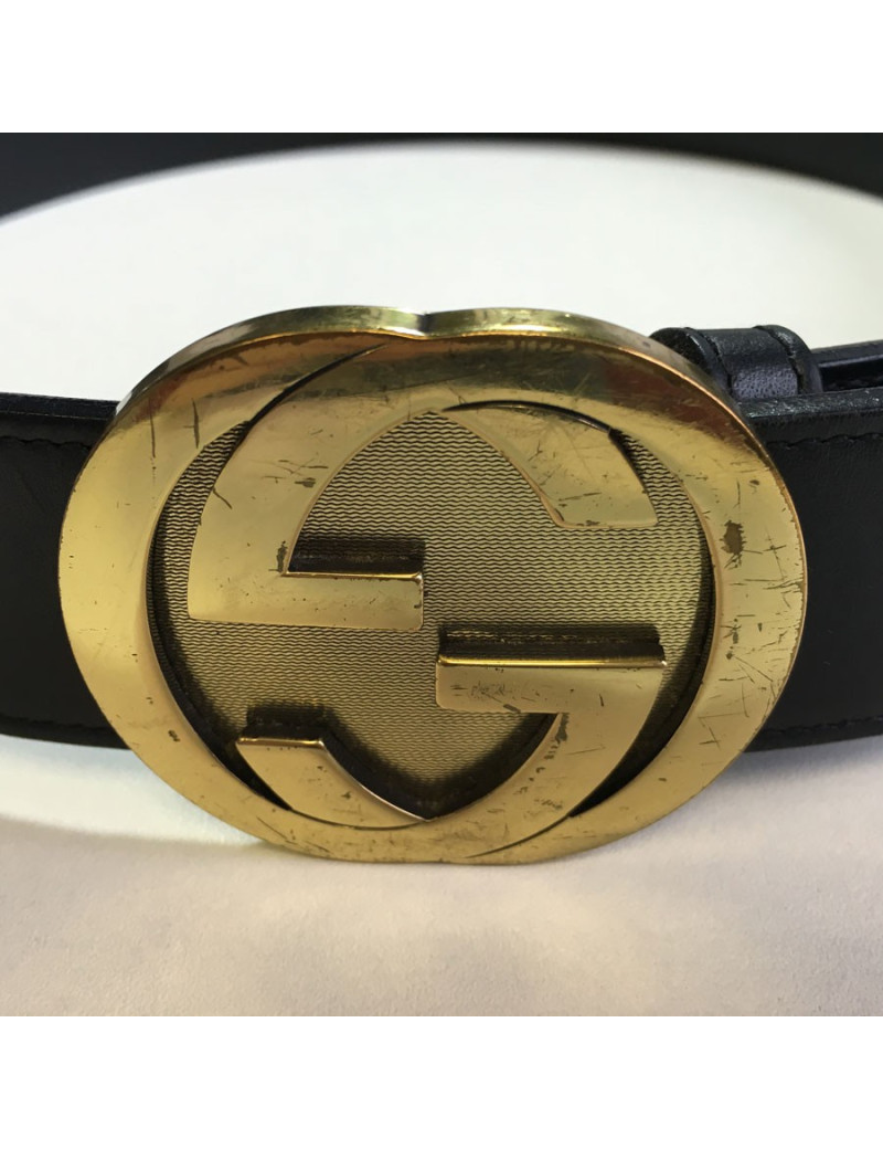 GUCCI black leather belt and gold buckle size 85